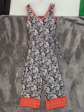 Max Studio Navy Floral Sleeveless Cropped Jumpsuit with Red Trim, Size Small